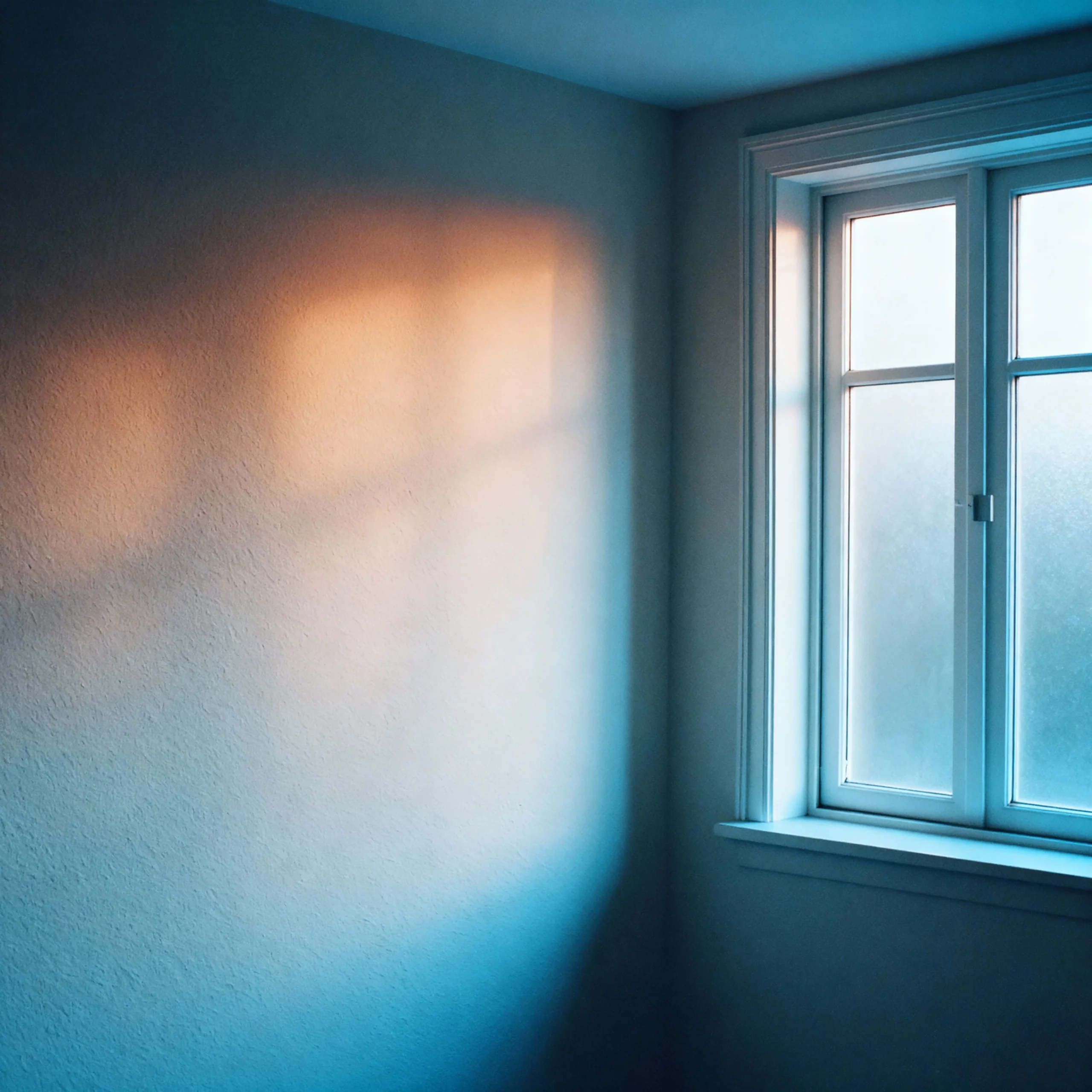 Warm und kühles Licht treffen sich an einer Wand, wie Strömungen in einem stillen Raum.