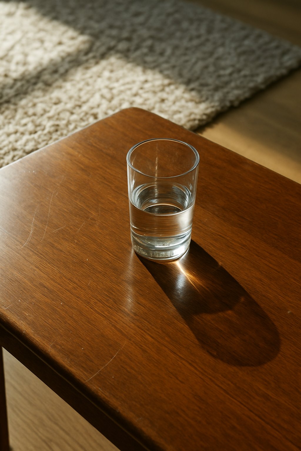 Ein einfaches Glas, das einen Sonnenstrahl bricht und einen klaren Regenbogen auf die dahinterliegende Wand wirft.