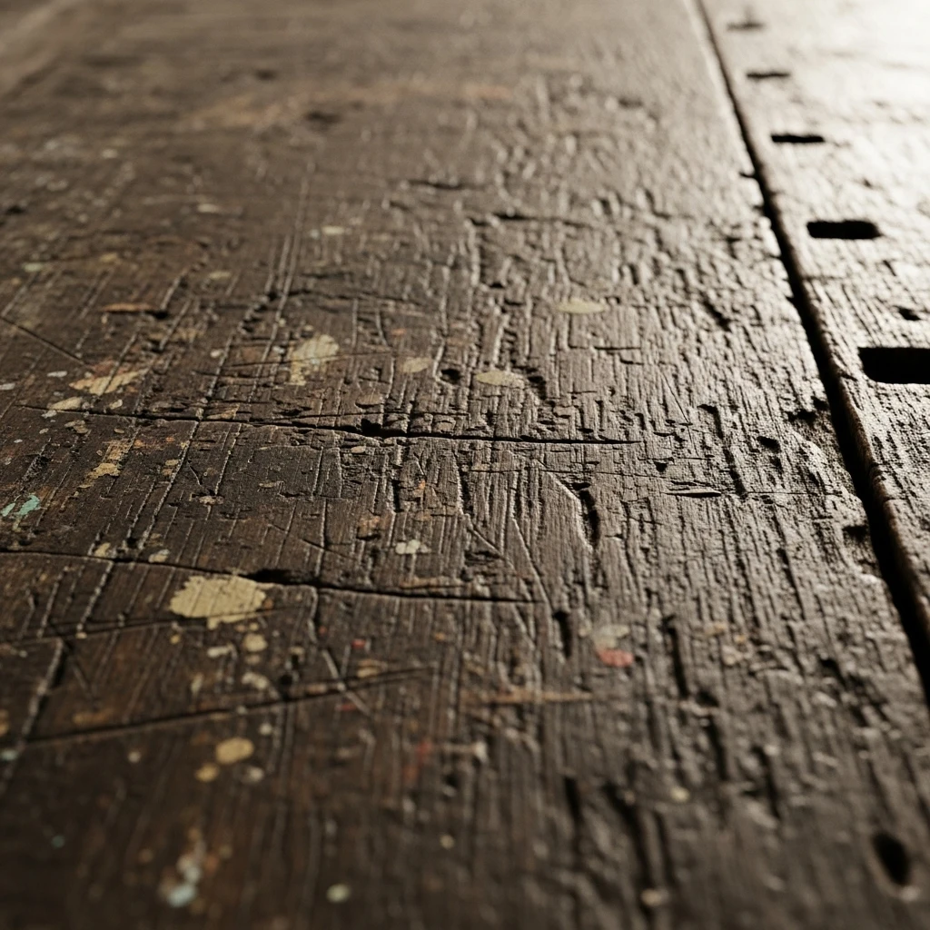 Nahaufnahme einer alten Holzoberfläche mit tiefer Maserung, das Licht fällt seitlich ein und betont die Textur.