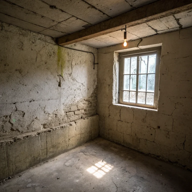 Ein dunkler, stiller Keller, in dem ein einzelner Lichtstrahl durch ein hohes Fenster fällt und den staubigen Boden beleuchtet.