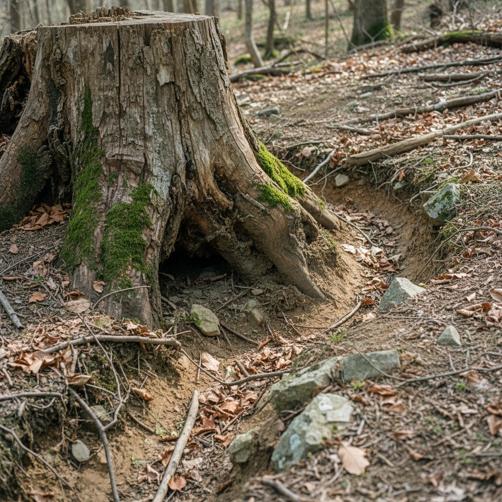 Detailaufnahme eines verwitterten Baumstamms mit natürlichen Erosionsspuren im weichen Licht.