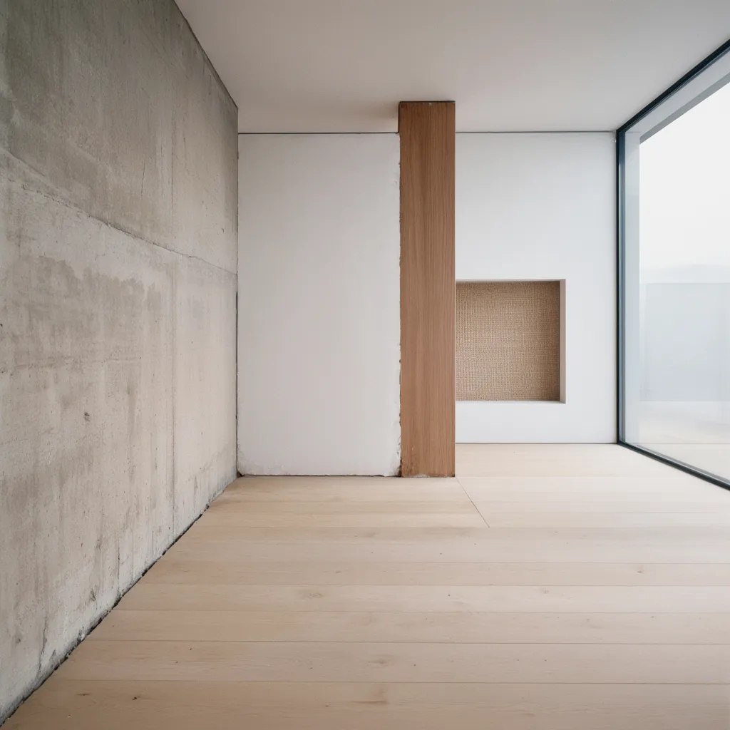 Minimalistischer Raum aus Holz, Glas und Beton im weichen Tageslicht