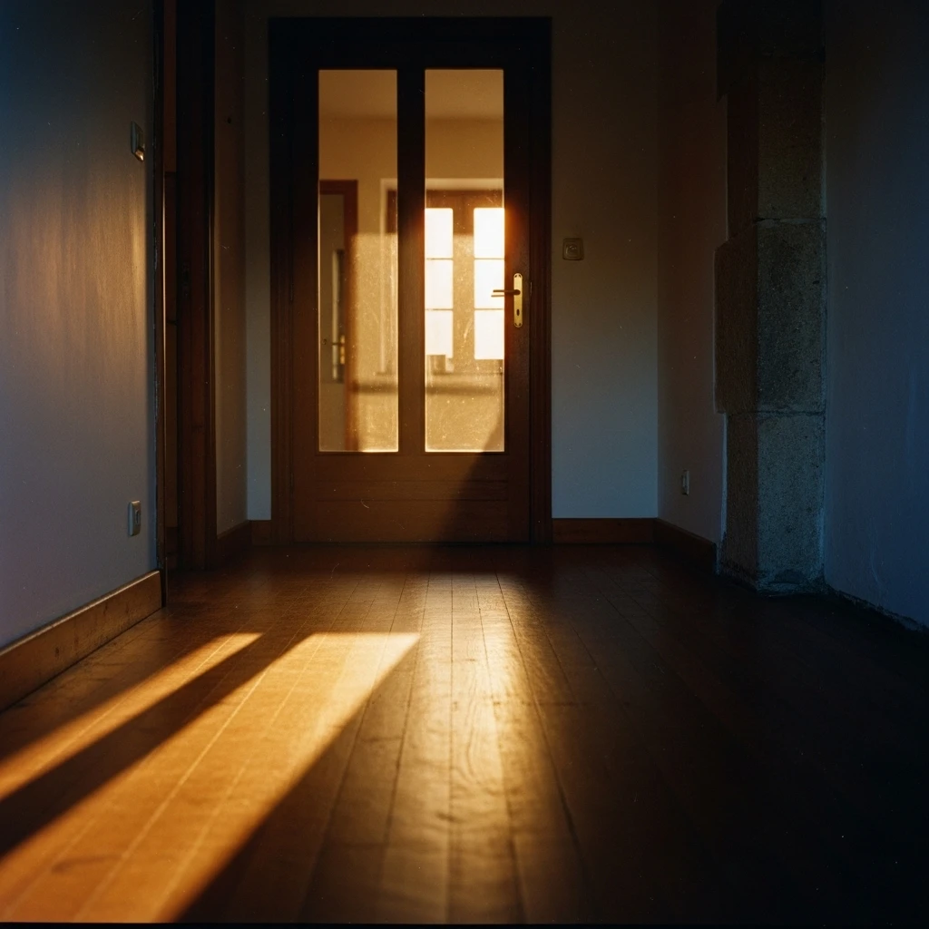Ein dunkler, kleiner Raum, in dem sich ein Lichtschatten von einer Glastür abzeichnet