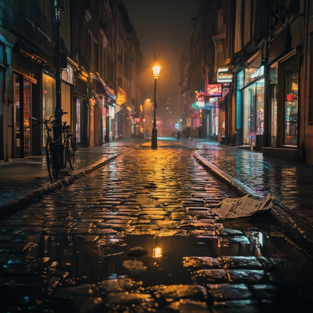 Eine leere, nasse Straße bei Nacht, reflektiert die bunten Lichter der Stadt