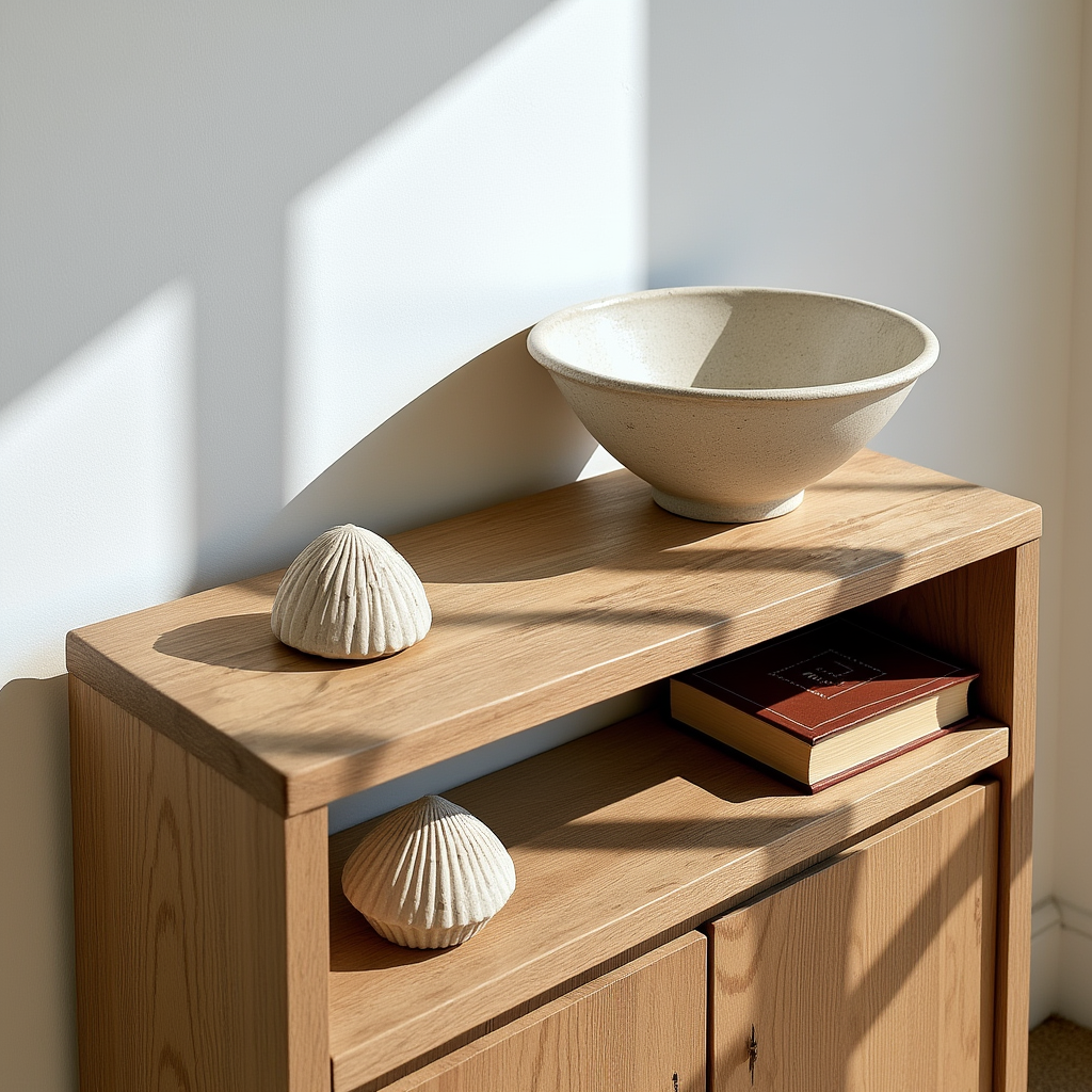 Minimalistisches Sideboard mit Stein, Keramikschale und altem Buch