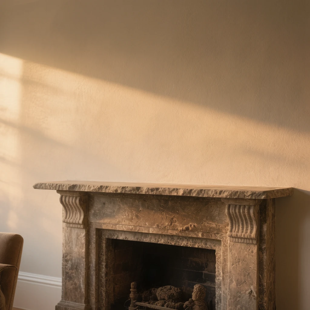 Ein leerer, einfacher Kamin aus hellem Holz, auf den das warme Morgenlicht fällt und eine sanfte Atmosphäre schafft.