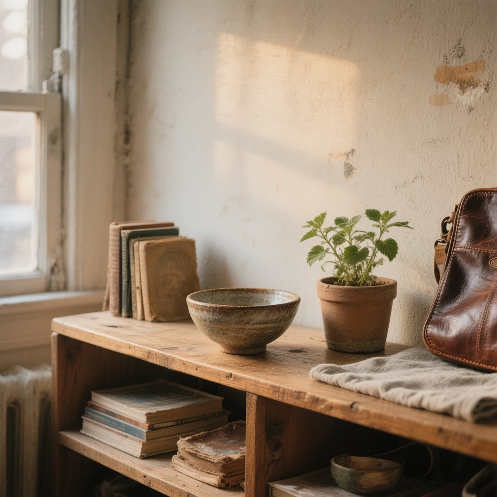 Ein Regal mit sorgfältig ausgewählten Alltagsobjekten – Bücher, handgefertigte Keramik, eine reparierte Ledertasche und eine kleine Pflanze im natürlichen Licht.