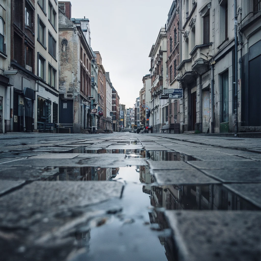 Eine leere, gepflasterte Straße mit Pfützen, die die Fassaden spiegeln