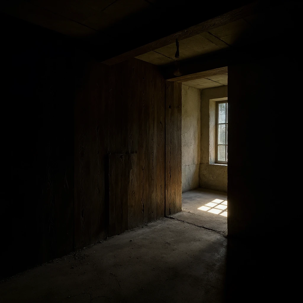 Ein dunkler Raum mit grober Holzvertäfelung, aus dem man durch eine offene Tür in einen hellen, minimalistischen Raum blickt. Ein scharfer Lichtstrahl überbrückt den Kontrast.