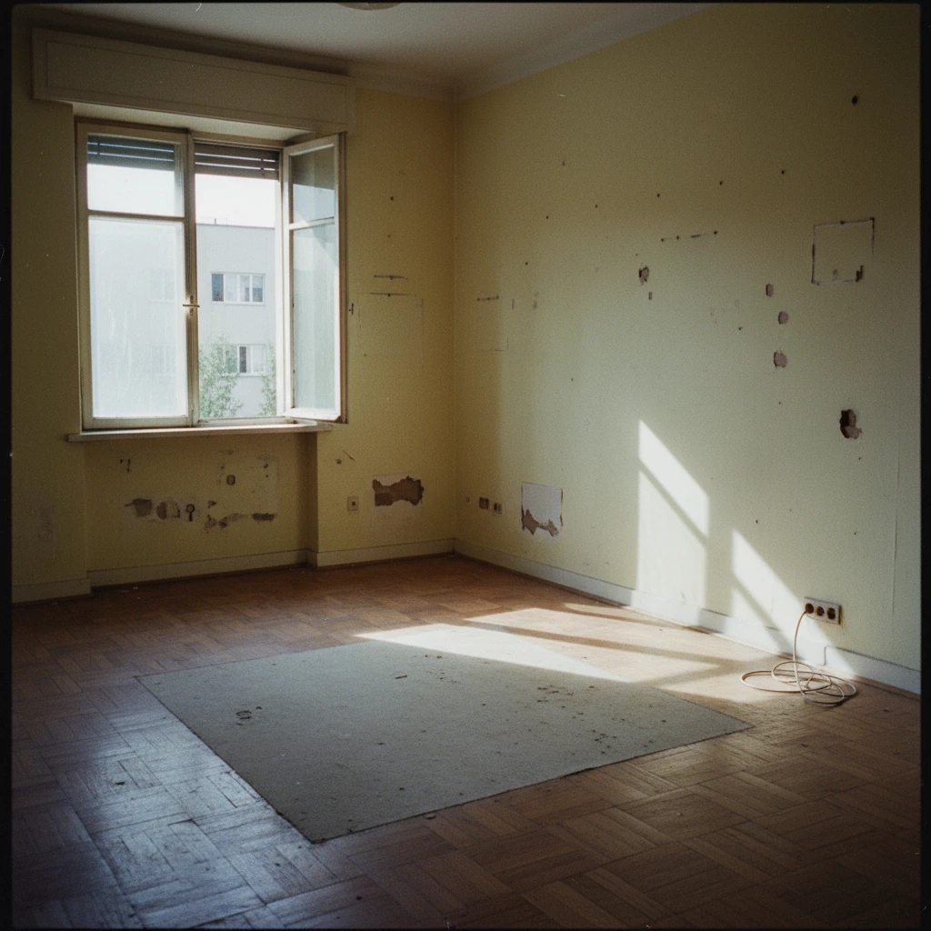 Leerer Raum mit offenem Fenster und Lichtstreifen auf dem Boden