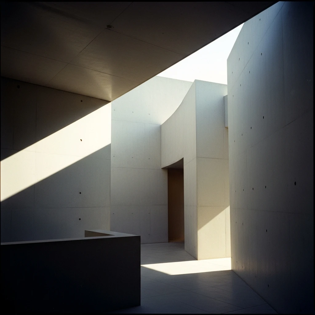 Ein minimalistischer Betonraum, in dem ein schräger Lichtstrahl die Geometrie der Architektur modelliert.