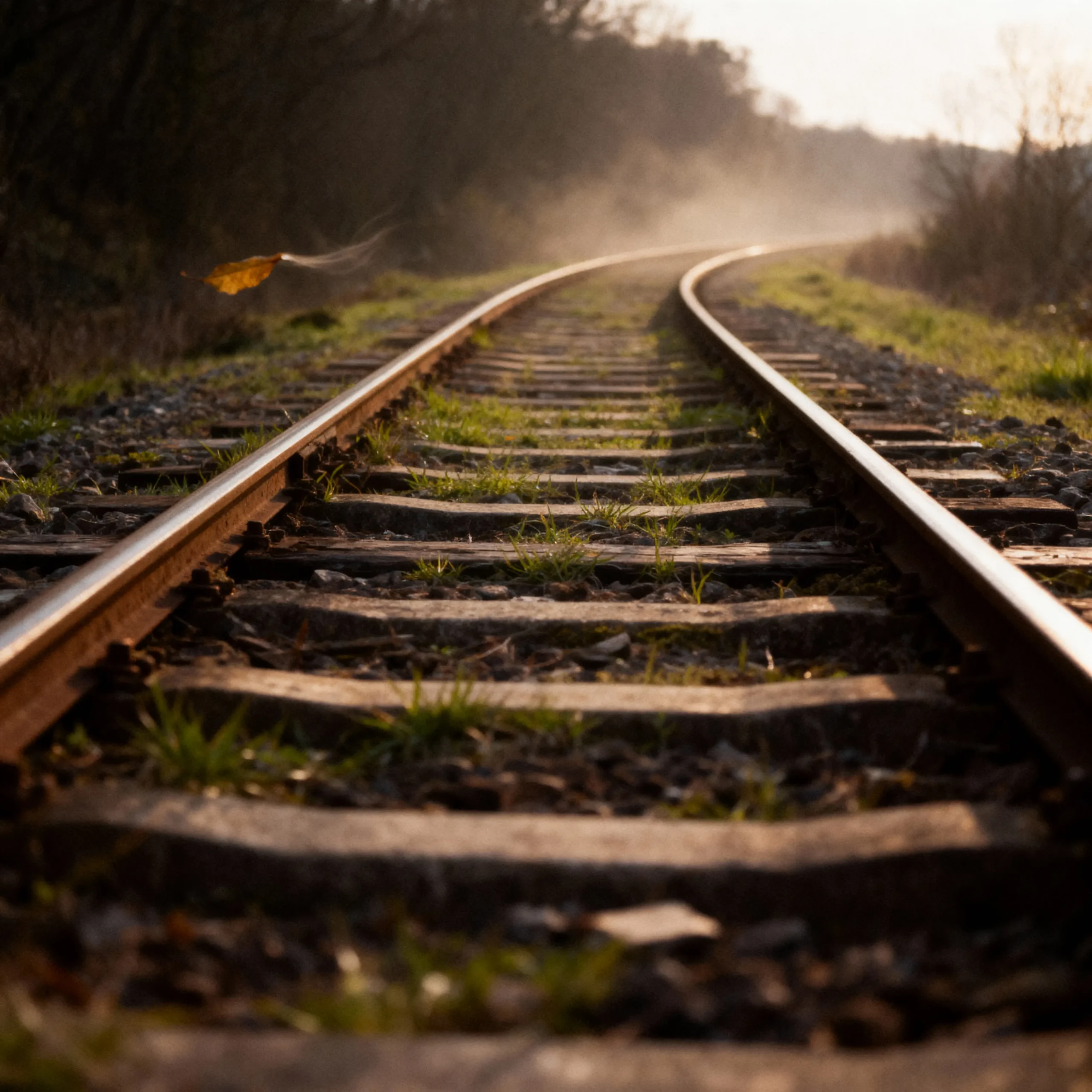 Stillgelegte Bahntrasse im weichen Licht, ein Ort der langsamen, kontemplativen Bewegung.