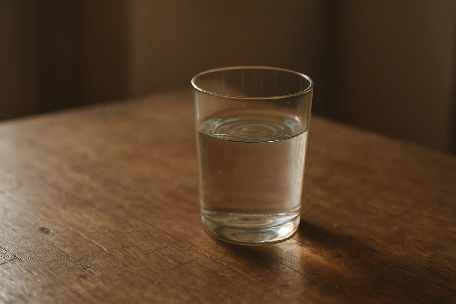 Ein Glas Wasser auf einem Holztisch, die Oberfläche leicht bewegt.