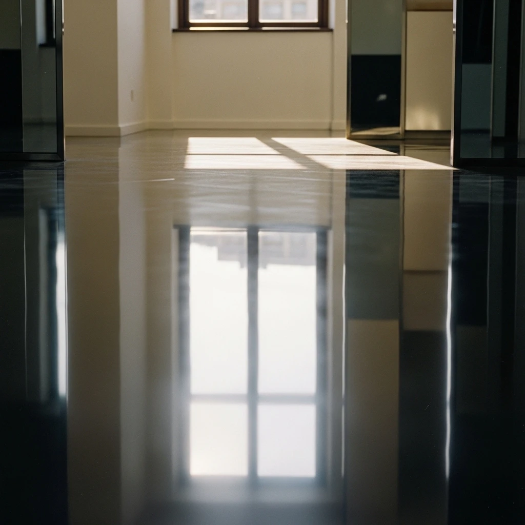 Die Reflexion eines Fensters in einem dunklen Fußboden, die den Raum zu erweitern scheint