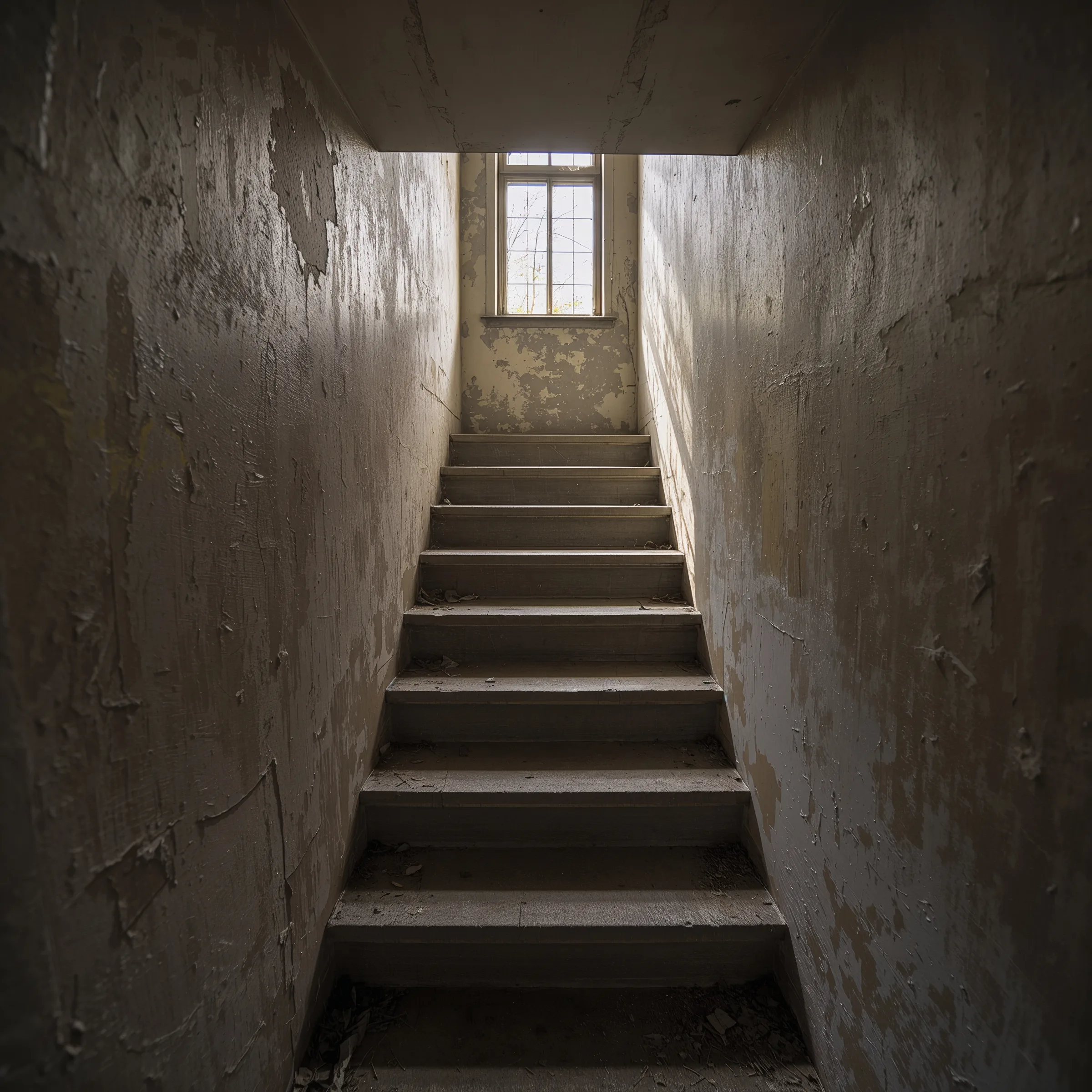 Eine enge, vergessene Steintreppe in einem alten Haus, die Wände sind mit brüchigem Putz bedeckt, das Licht ist sanft und staubig.