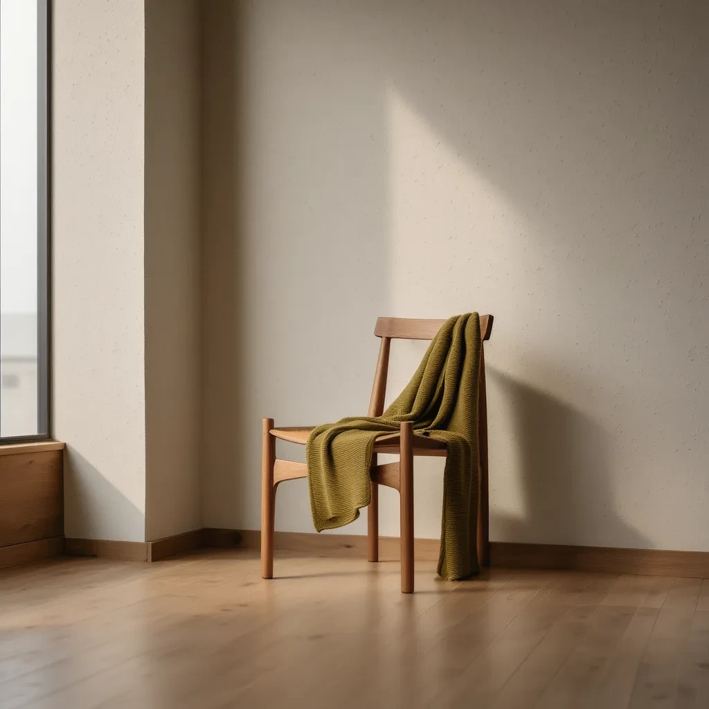 Ein ruhiger, minimalistischer Raum, in dem wenige, aber sorgfältig ausgewählte Objekte eine harmonische Atmosphäre schaffen.