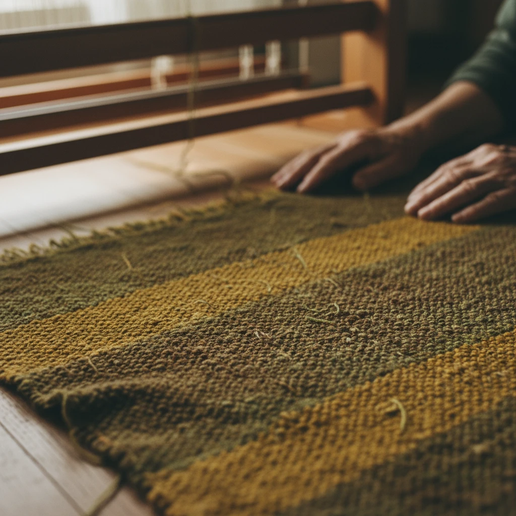 Nahaufnahme einer unregelmäßigen, handgefertigten Textilie, deren Fäden eine komplexe Struktur bilden.